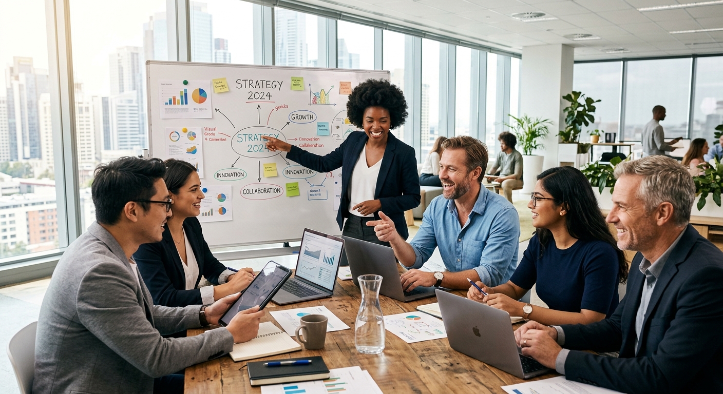Professional hero image depicting a diverse team of business professionals collaborating in a modern, sunlit office. Style should be aspirational and high-energy, with a focus on human connection and strategic planning.