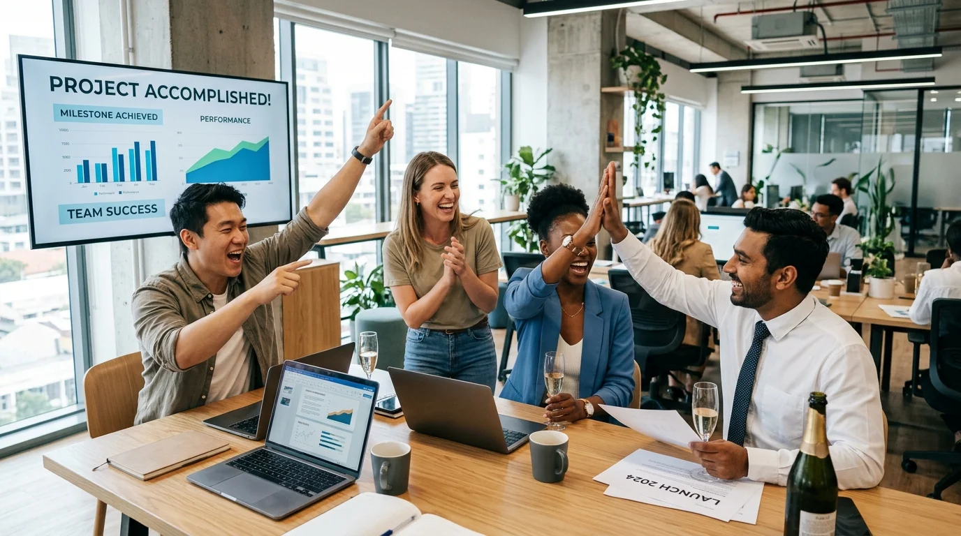 A dynamic, modern hero image showing a diverse team of professionals in a collaborative office setting, celebrating a successful project. Style should be professional, vibrant, and forward-looking, with a focus on human connection and achievement.