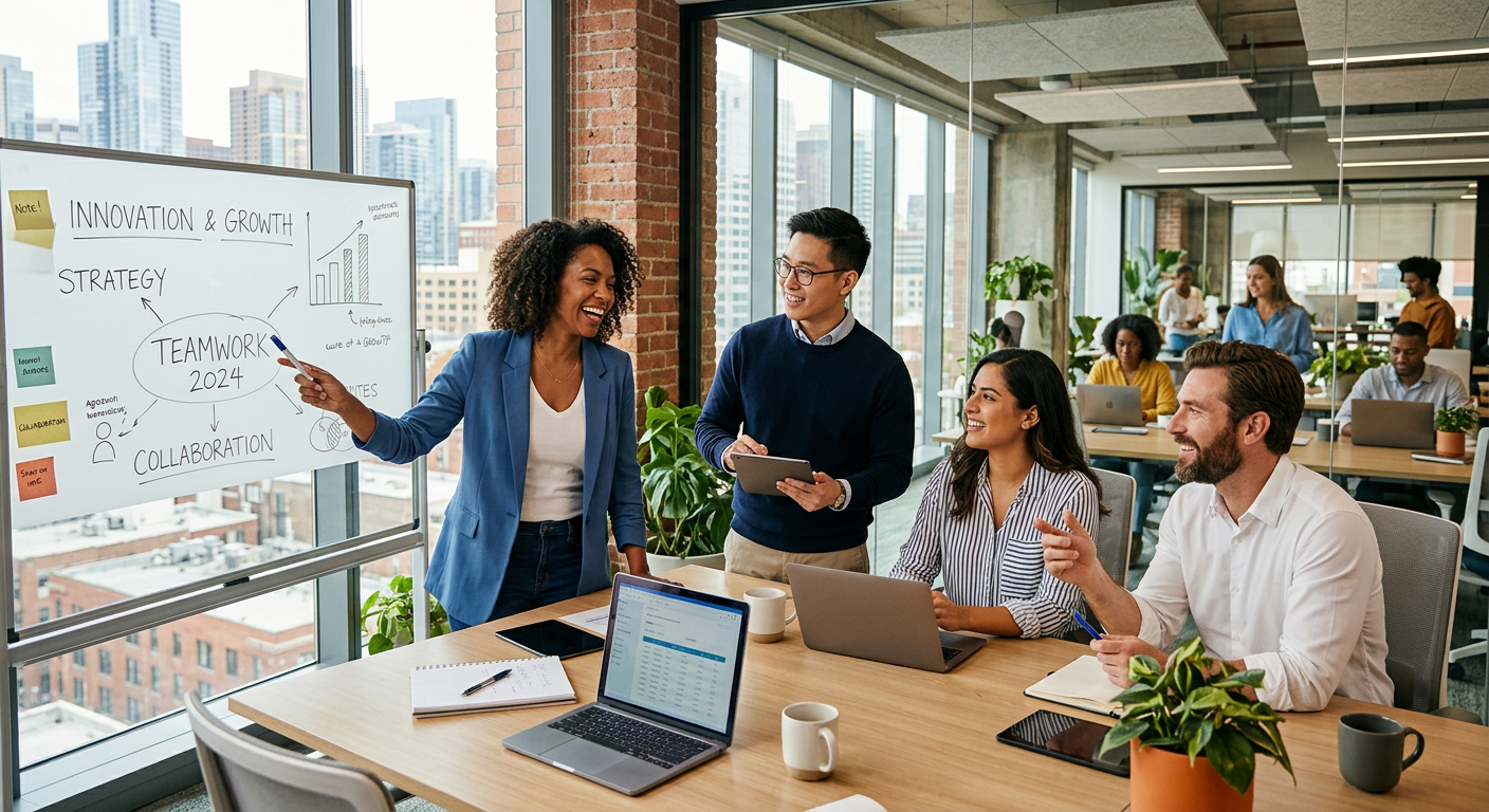 A diverse group of professional, confident employees collaborating in a modern, sunlit office. Style is professional, aspirational, and dynamic, with a focus on teamwork and positive corporate culture. Mood is optimistic and forward-looking.