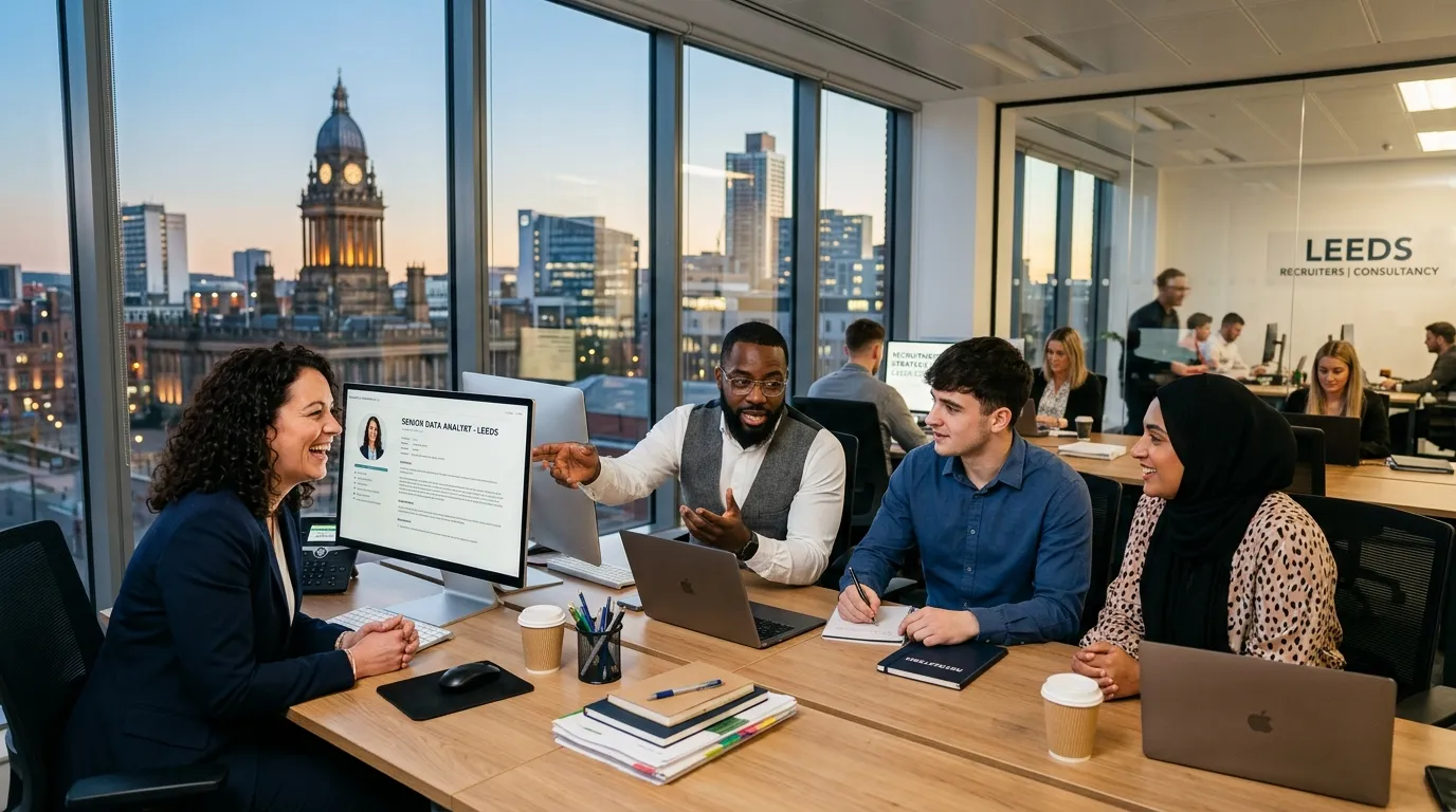 A professional, dynamic hero image showing a diverse group of Recruitment professionals in a modern Leeds office setting, engaged in collaborative work. The Leeds skyline should be visible in the background, conveying a sense of local expertise and professional energy.