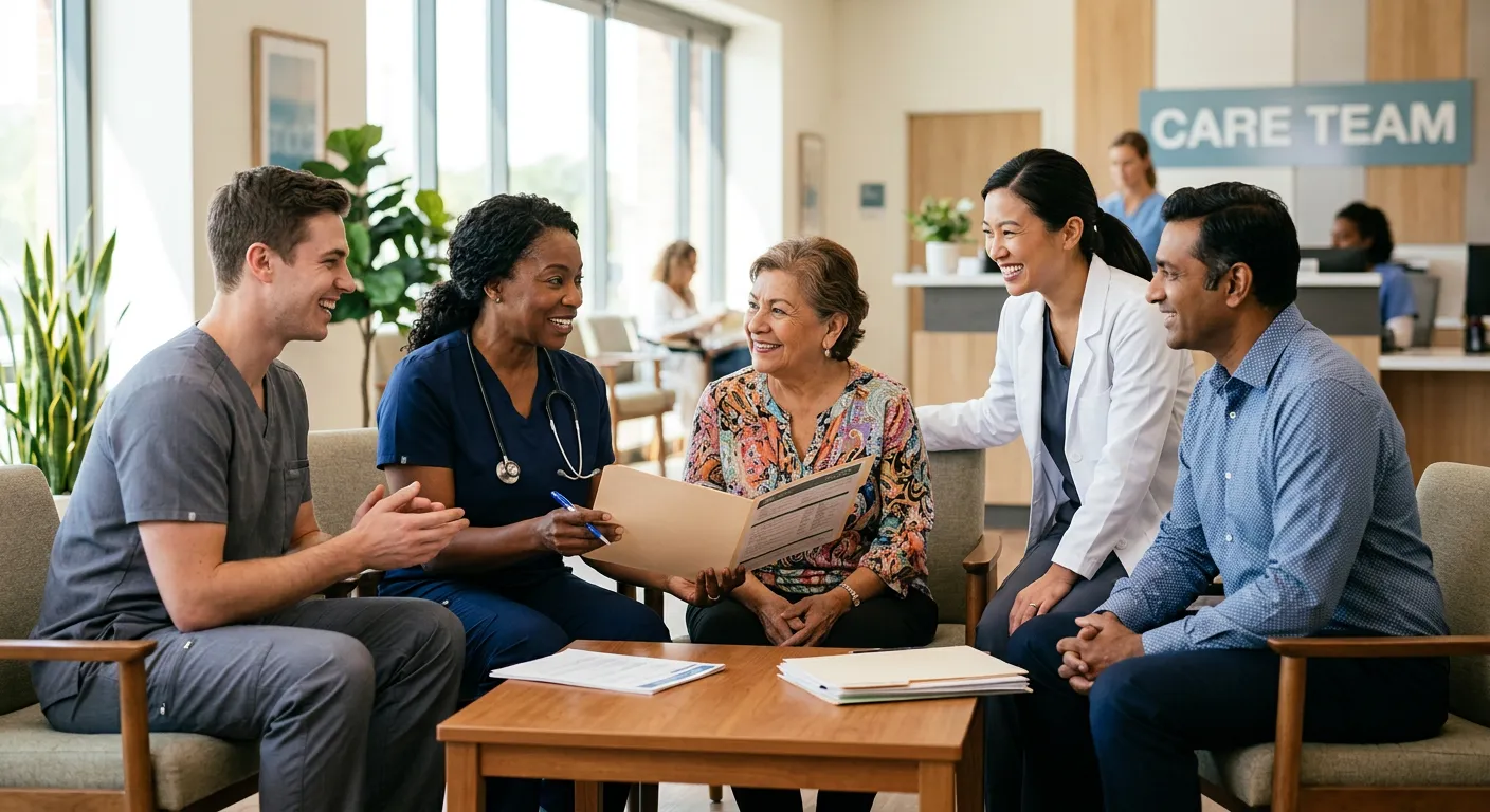 Professional, compassionate image of a diverse care team in a modern healthcare setting, smiling and... Professional, compassionate image of a diverse care team in a modern healthcare setting, smiling and engaged in supportive work with a client. Warm, trustworthy mood with natural lighting.