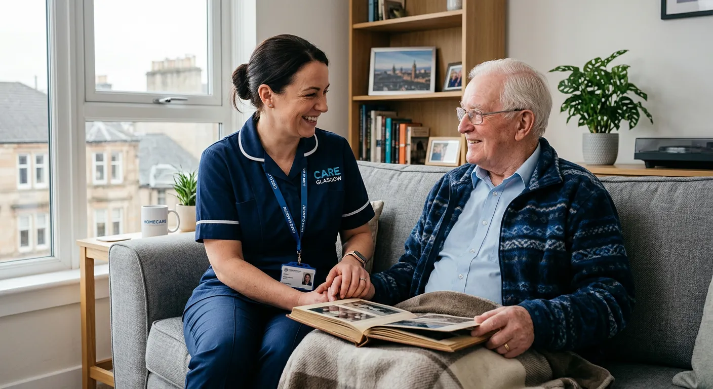 A professional, warm, and compassionate care worker assisting an elderly gentleman in a modern, bright living room in Glasgow. The worker is smiling, and the client looks comfortable and engaged. Style: Authentic, high-quality, professional photography. Mood: Trust, compassion, and reliability.