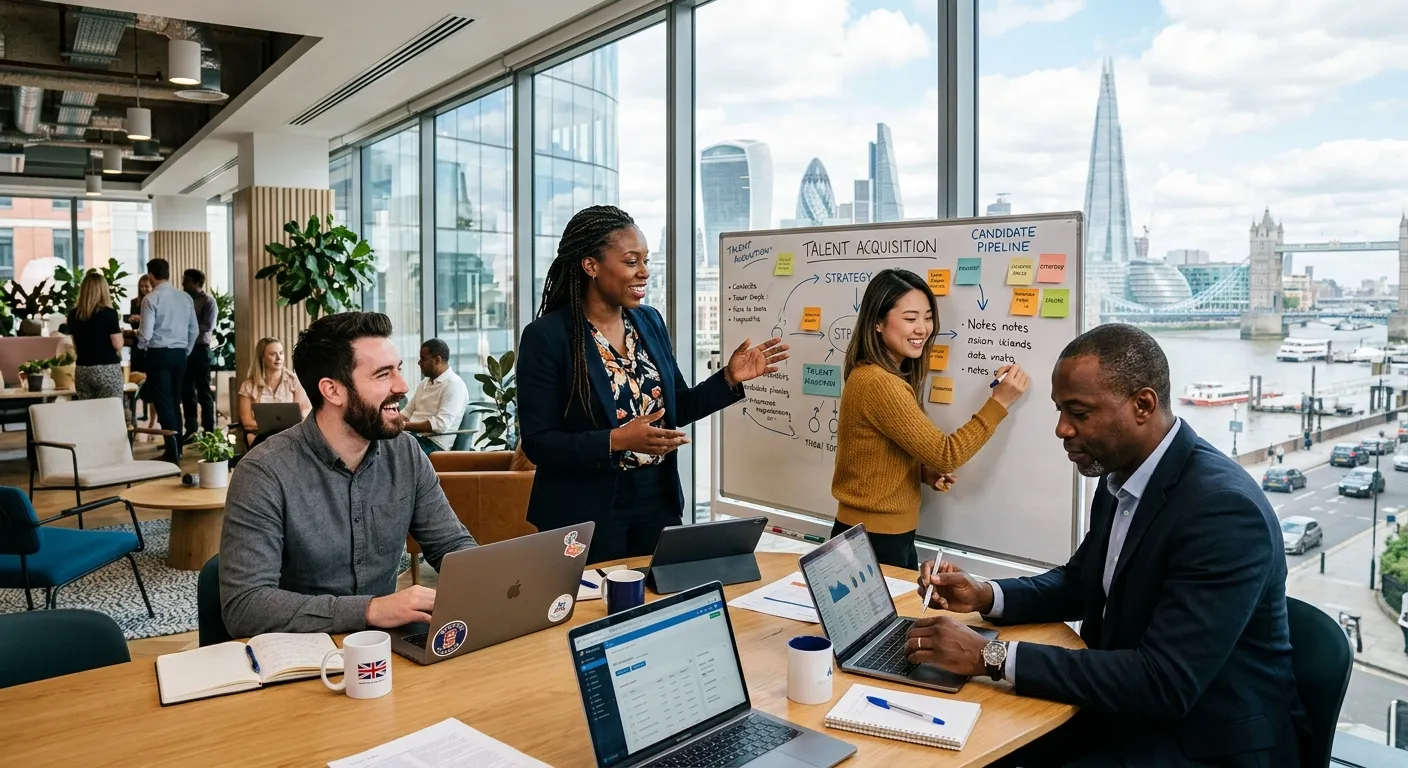 Professional, dynamic hero image showing a diverse group of recruitment consultants and HR professionals in a modern London office, collaborating over laptops and whiteboards, with the London skyline visible through a window. Style: professional, energetic, inclusive. Mood: productive, collaborative, forward-thinking.