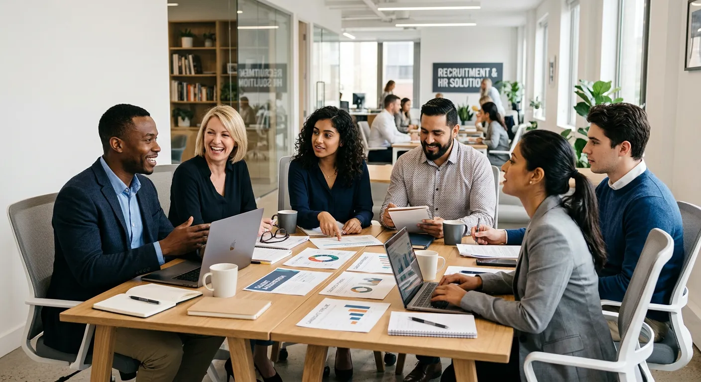 A professional, diverse group of recruitment consultants and HR professionals in a modern office setting, collaborating around a table with laptops and documents, looking engaged and confident. Style: professional corporate photography, bright lighting, warm tones.