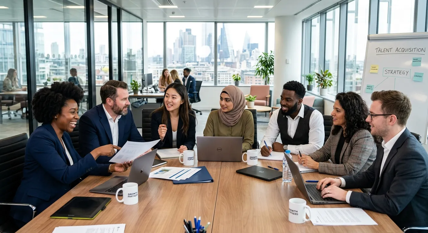A professional, diverse group of recruitment consultants and HR professionals in a modern office, l... A professional, diverse group of recruitment consultants and HR professionals in a modern office, looking engaged and collaborative. Style: Bright, professional, aspirational mood.