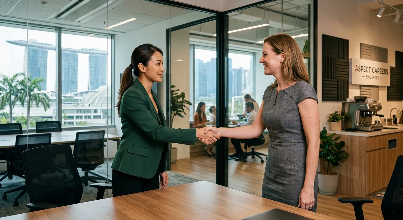 Professional, confident recruitment consultant in a modern office in <Location>, shaking hands with a business client. The image conveys trust, partnership, and local expertise.