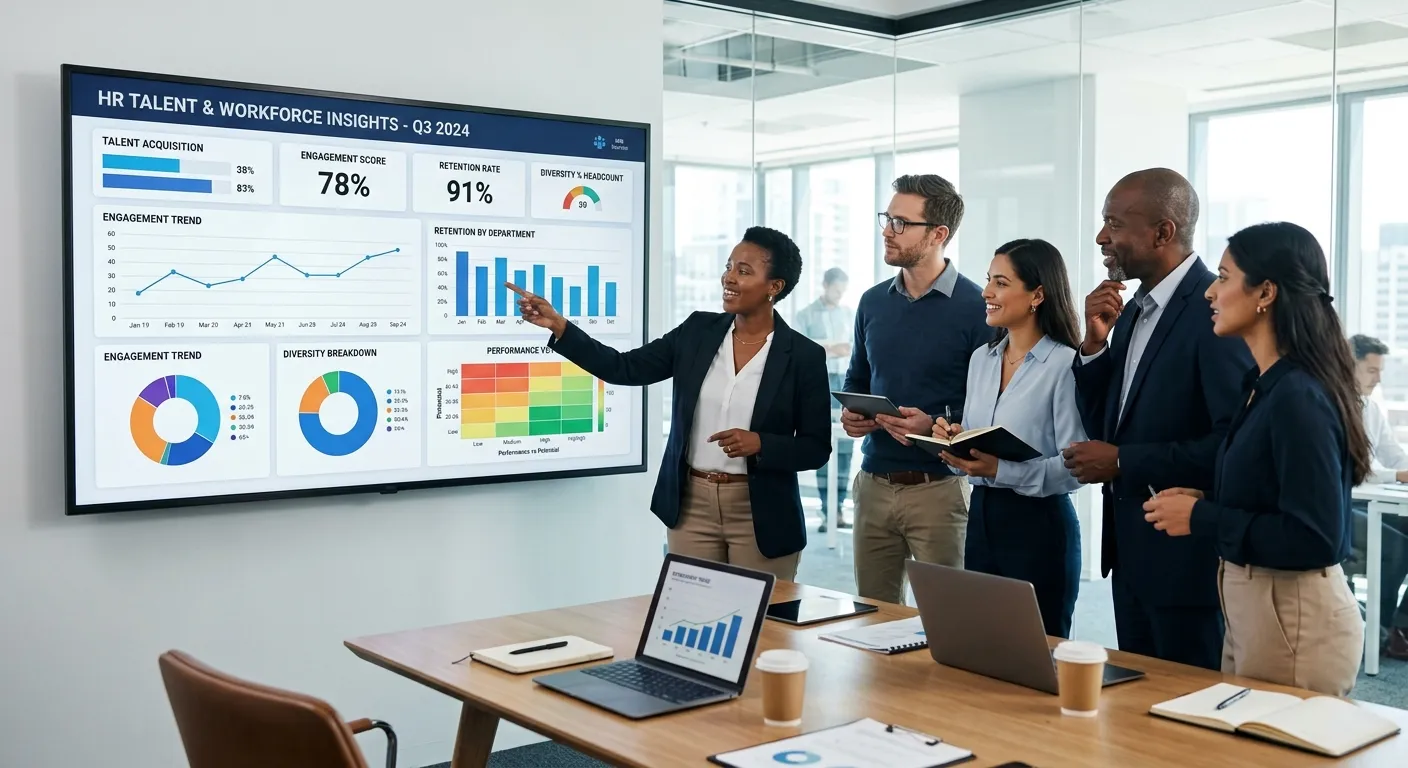 A professional, high-resolution image of a diverse team of HR professionals and business leaders collaborating in a modern, bright office. They are looking at analytics on a large screen. Style: Corporate, inspiring, and forward-thinking.
