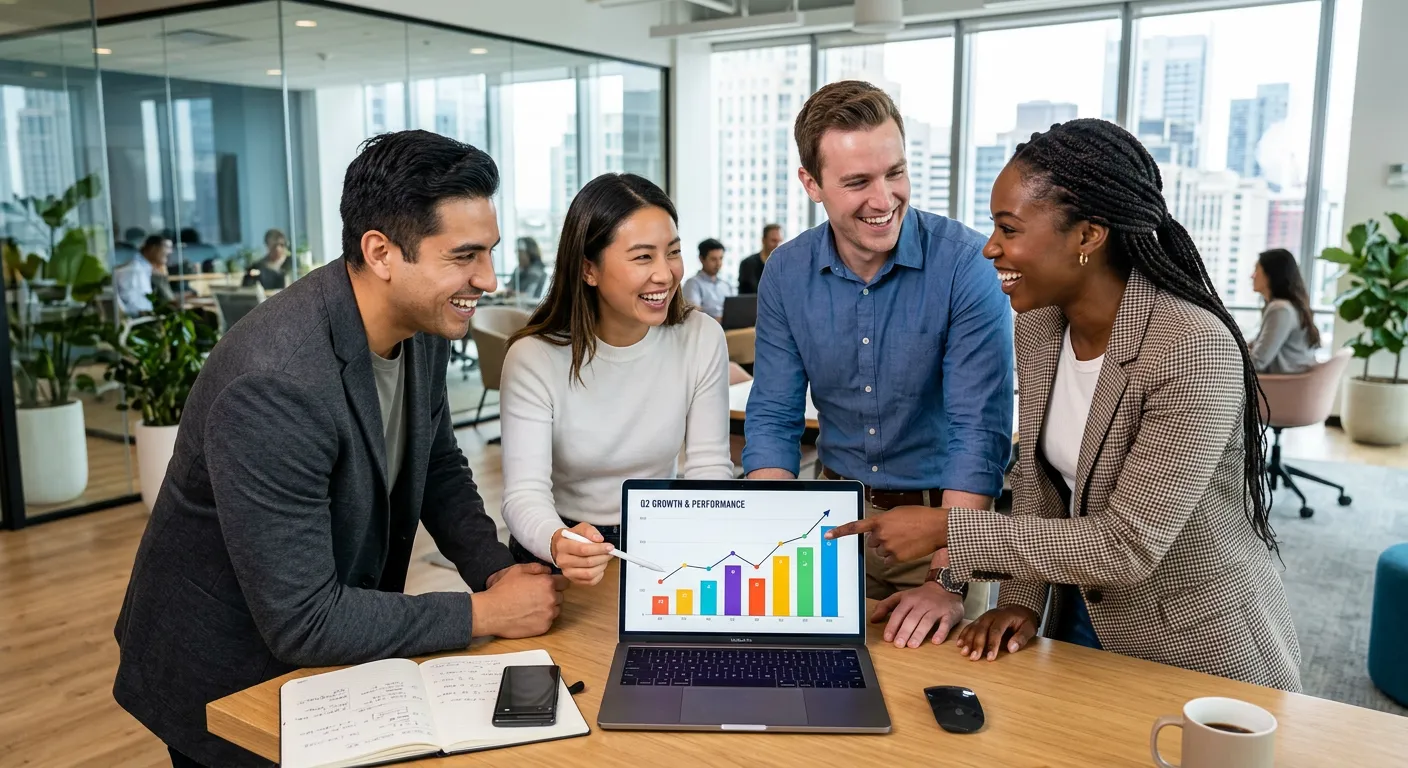 A diverse team of professionals in a modern office collaborating over a laptop, smiling and pointing at a graph on the screen. Style: professional, bright, and energetic. Mood: Collaborative, successful, and forward-thinking.