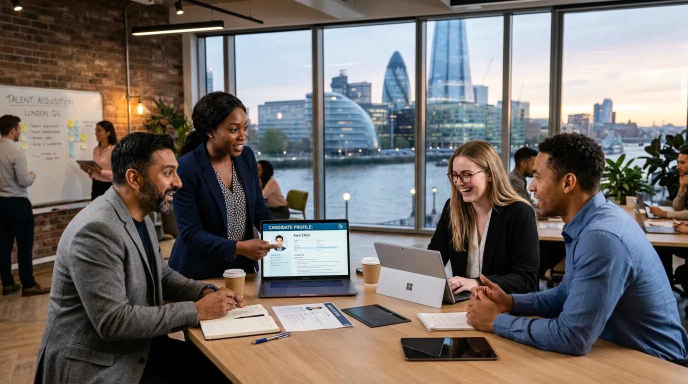 A professional, dynamic hero image showing a diverse group of recruitment consultants and HR professionals in a modern London office setting, collaborating over laptops and discussing candidate profiles. The image should convey energy, professionalism, and local London landmarks subtly in the background.