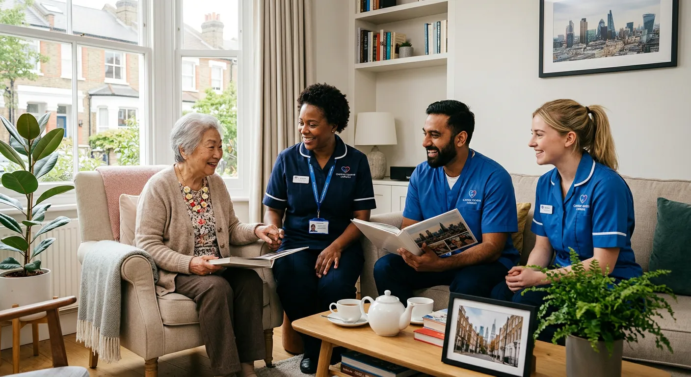 A diverse group of professional, compassionate carers in uniform, smiling and interacting with an elderly client in a bright, modern London living room. Professional, warm, and trustworthy mood.
