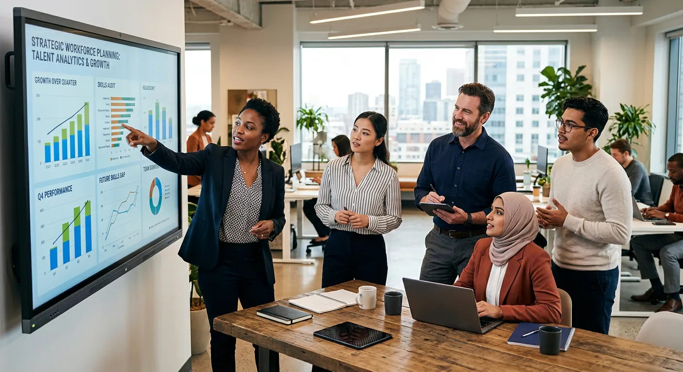 A professional, high-contrast image of a diverse team collaborating in a modern office. A manager po... A professional, high-contrast image of a diverse team collaborating in a modern office. A manager points to a digital screen displaying talent analytics and growth charts, symbolizing strategic workforce planning. Style: Corporate, vibrant, sharp focus on collaboration.