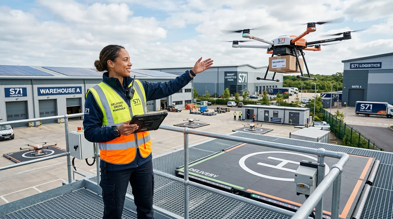 Hero image showing a professional Drone Delivery Manager in a high-visibility vest, confidently over... Hero image showing a professional Drone Delivery Manager in a high-visibility vest, confidently overseeing the launch of a commercial delivery drone in an S71 industrial estate setting. Modern, aspirational, and professional mood.