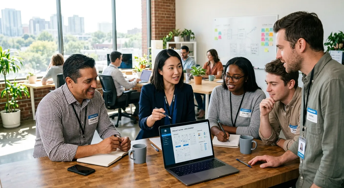 A modern, diverse team of professionals collaborating in a bright, sunlit office. Focus on a huddle around a laptop, showing a mix of in-house and augmented staff, with a clean, professional, and energetic mood.