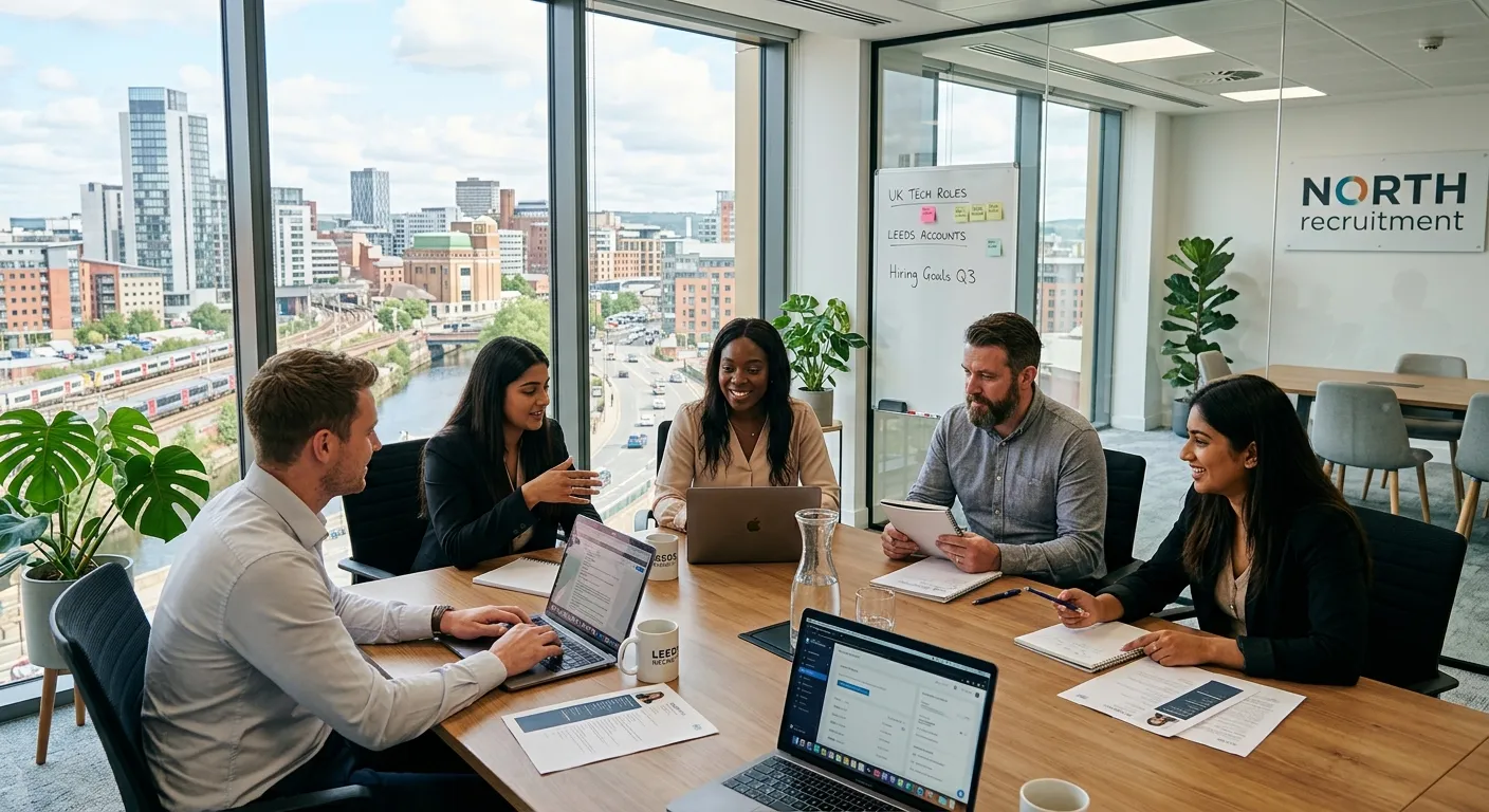 Professional recruitment team in modern Leeds office overlooking city skyline, diverse team collaborating around table with laptops and documents, bright natural lighting, professional atmosphere