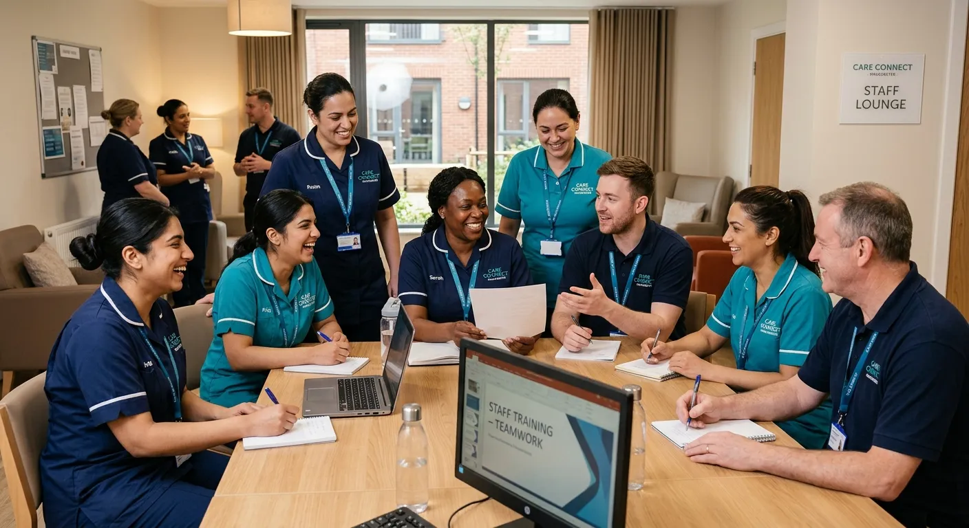 A professional, warm photograph of a diverse group of care workers in City, smiling and engaged in a team meeting or training session. They are wearing branded uniforms in a modern care facility setting. Style: Authentic, professional healthcare photography. Mood: Trustworthy, competent, and compassionate.