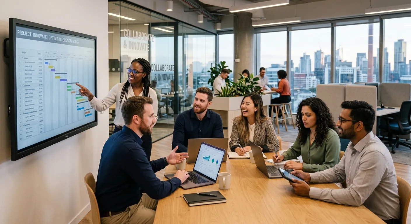 A diverse group of modern professionals collaborating in a bright, open-plan office. Style is profes... A diverse group of modern professionals collaborating in a bright, open-plan office. Style is professional, high-resolution, with a focus on connection and technology. Mood is optimistic, innovative, and forward-thinking.