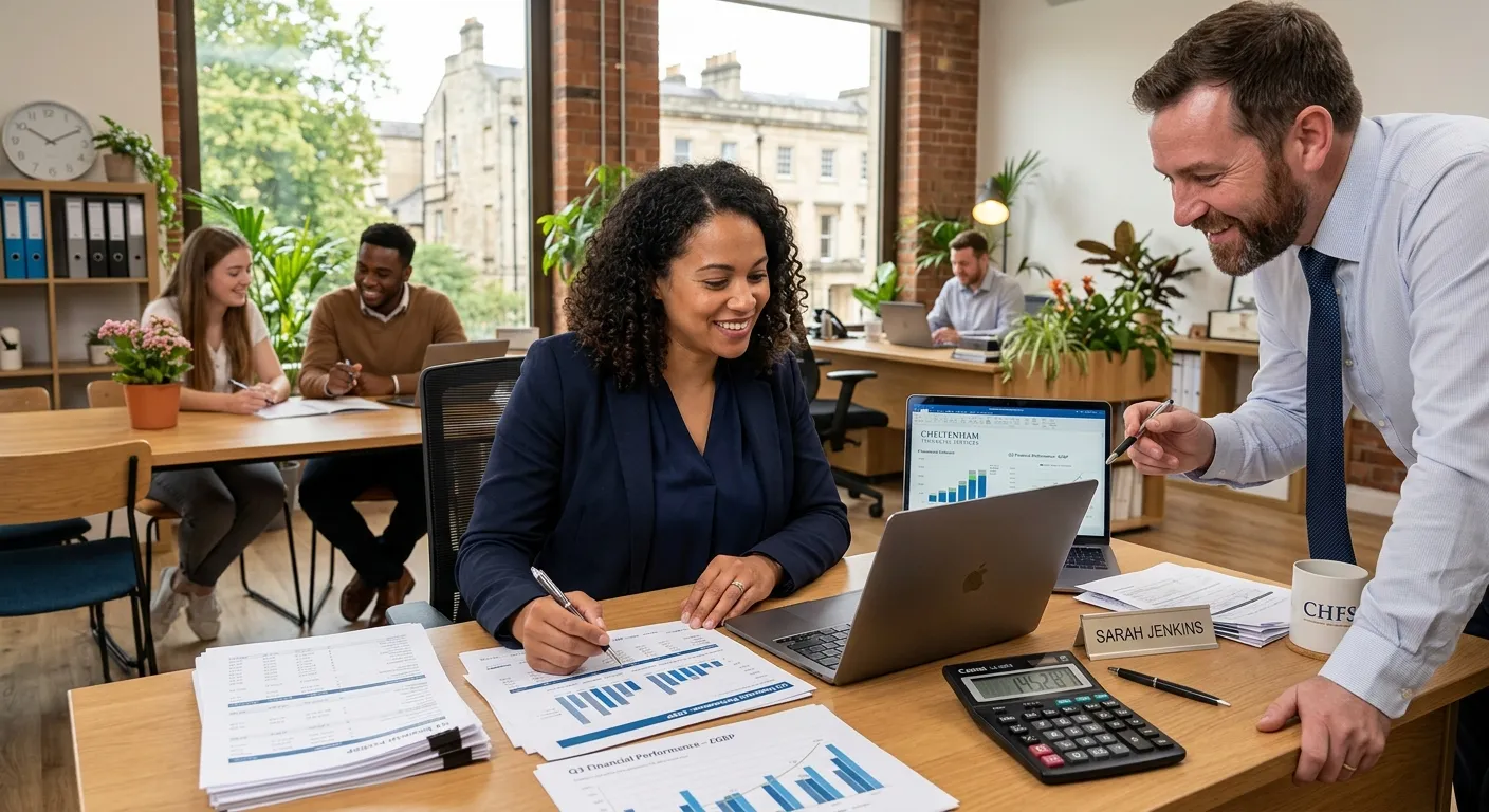 Professional, welcoming image of a modern office in Cheltenham with a friendly, diverse team working collaboratively. Focus on a tidy desk with a laptop, financial reports, and a calculator, conveying accuracy and trust.