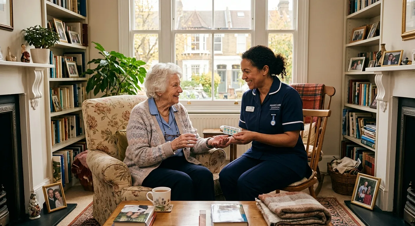 A professional, compassionate scene of a caregiver assisting an elderly client in a sunlit London living room. The caregiver is smiling, helping with medication. The mood is warm, trustworthy, and professional, highlighting human connection in care.