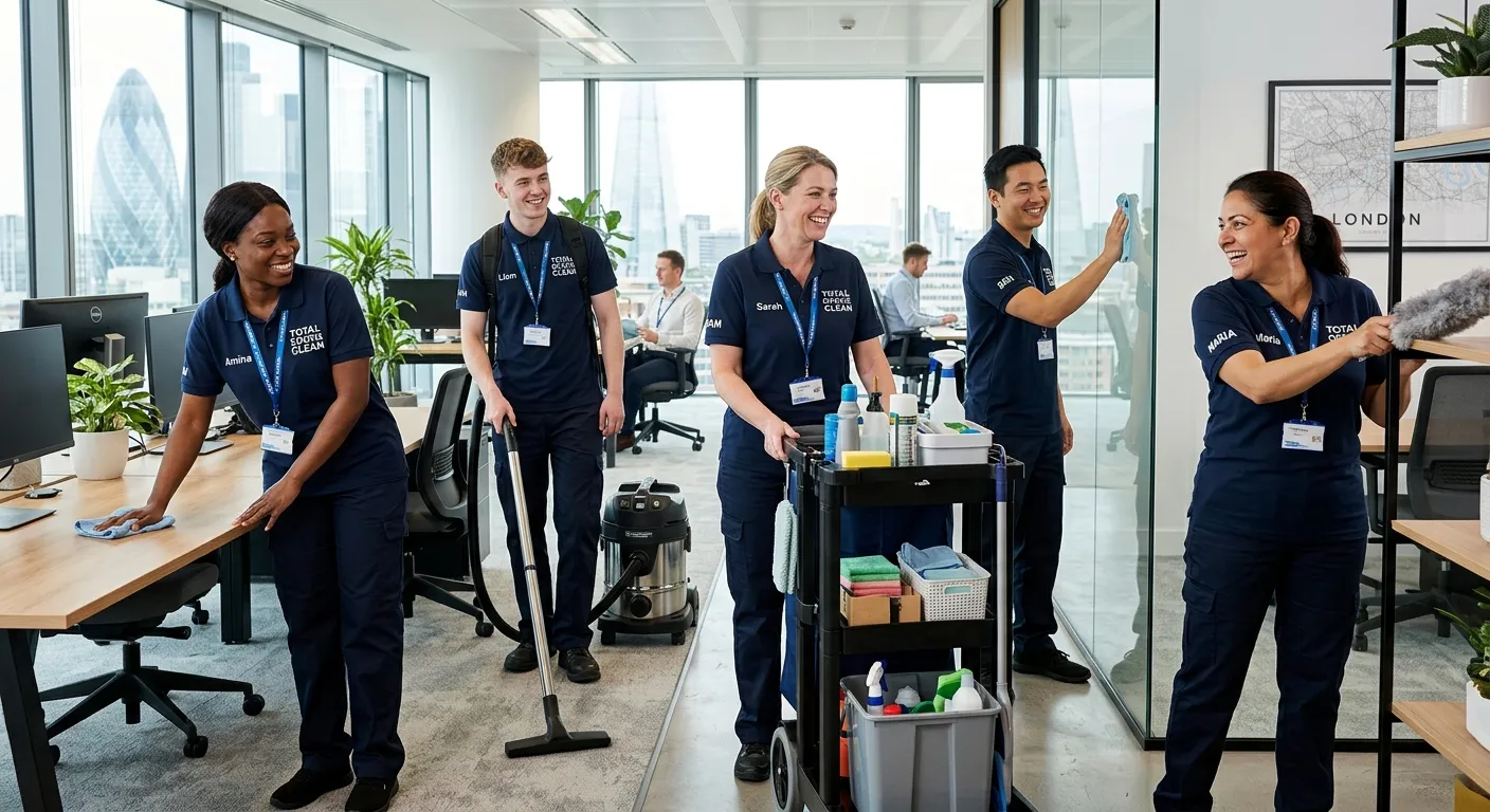 A professional, diverse group of cleaners in smart uniforms smiling and working together in a bright, modern London office space, conveying teamwork and reliability.