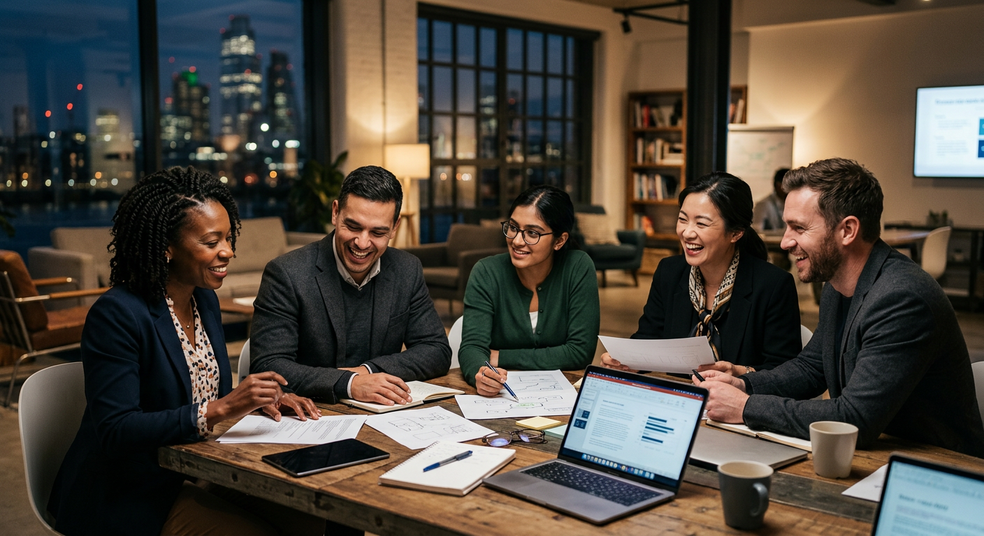 A professional, high-resolution image of a diverse, successful team collaborating in a modern office environment, looking confident and engaged. Moody, professional lighting with a focus on human connection.