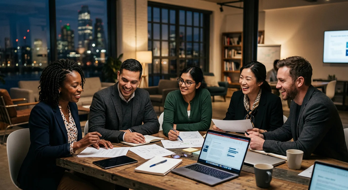 A professional, high-resolution image of a diverse, successful team collaborating in a modern office environment, looking confident and engaged. Moody, professional lighting with a focus on human connection.