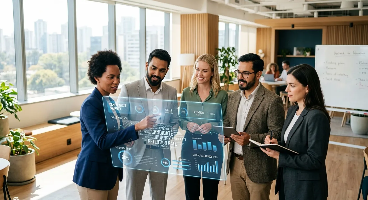 A diverse group of professional recruiters and HR managers collaborating in a modern, sunlit office, looking at data on a large transparent screen. Style: Professional, vibrant, and forward-looking. Mood: Collaborative, innovative, and efficient.