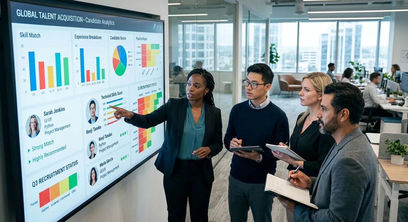 A modern, professional office setting with a diverse hiring team reviewing candidate profiles on a l... A modern, professional office setting with a diverse hiring team reviewing candidate profiles on a large digital dashboard, showing charts and data visualizations. The mood is focused, efficient, and technologically advanced.