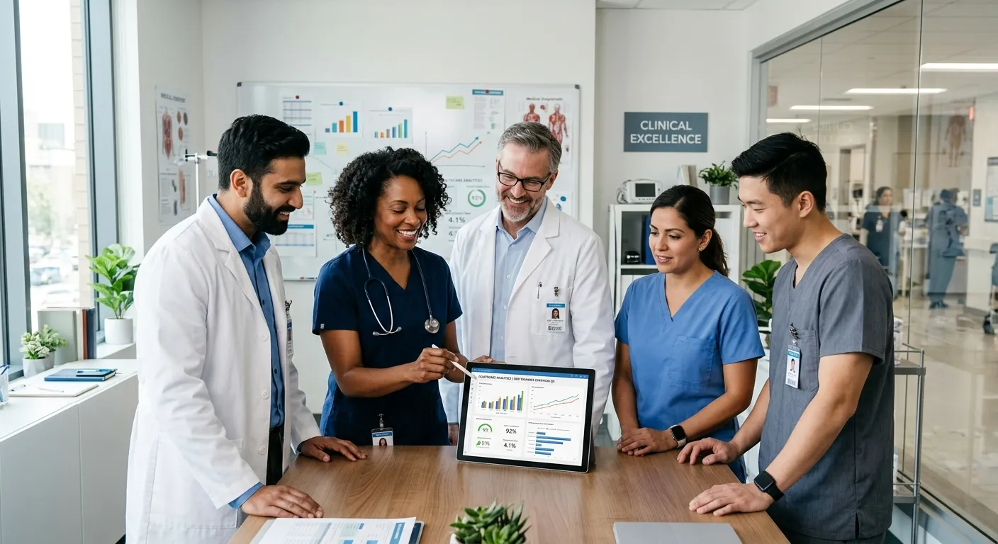 A modern, diverse team of healthcare professionals in a bright, collaborative office setting, looking at a tablet displaying analytics. Professional, optimistic, and forward-looking mood.