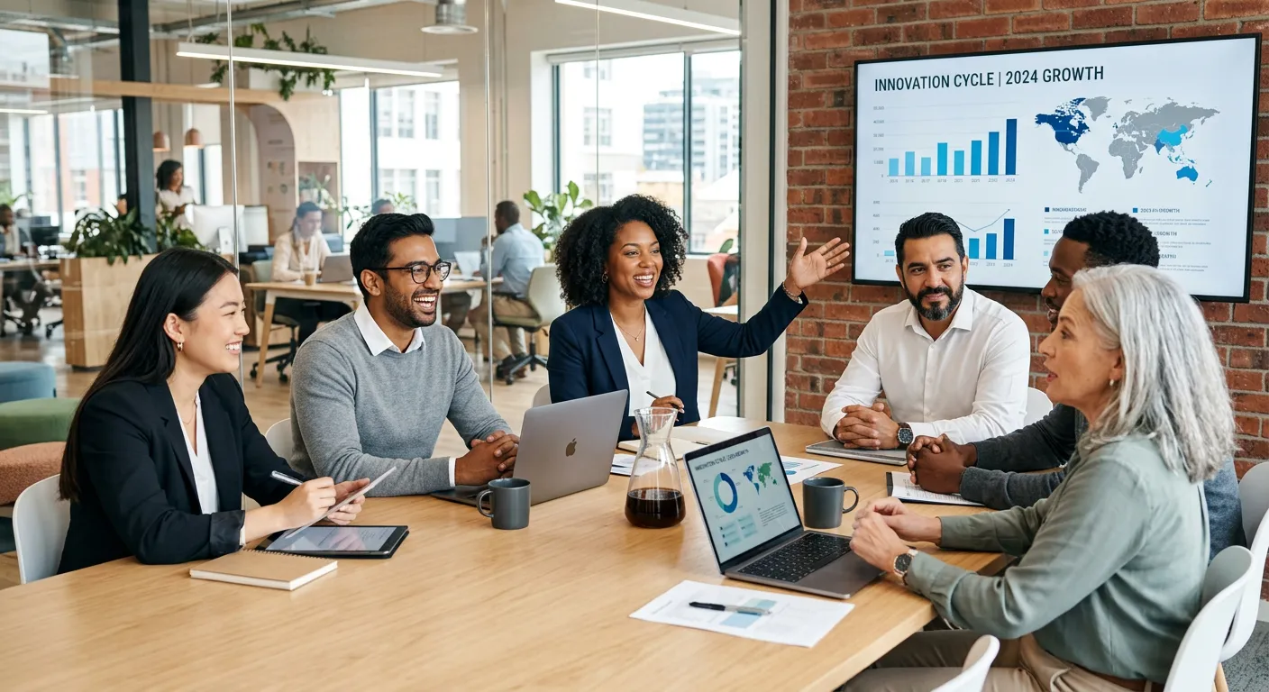 A modern, diverse team of professionals in a bright, collaborative office space, looking engaged and... A modern, diverse team of professionals in a bright, collaborative office space, looking engaged and confident. Style: High-resolution, authentic corporate photography. Mood: Professional, innovative, and inclusive.