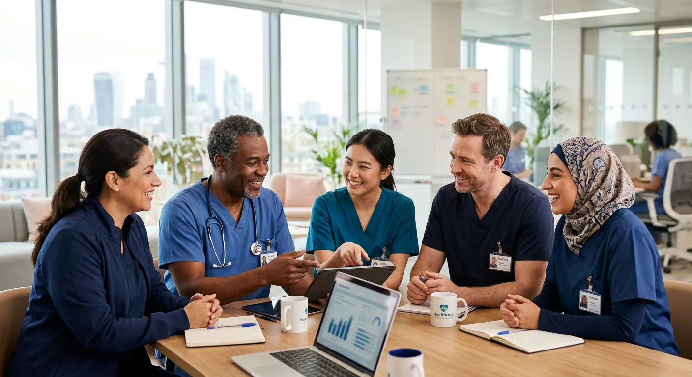 A professional, warm, and welcoming scene of a diverse team of care professionals in smart uniforms, smiling and collaborating in a modern, bright office setting. Style: High-resolution, professional stock photo. Mood: Trustworthy, supportive, and dynamic.