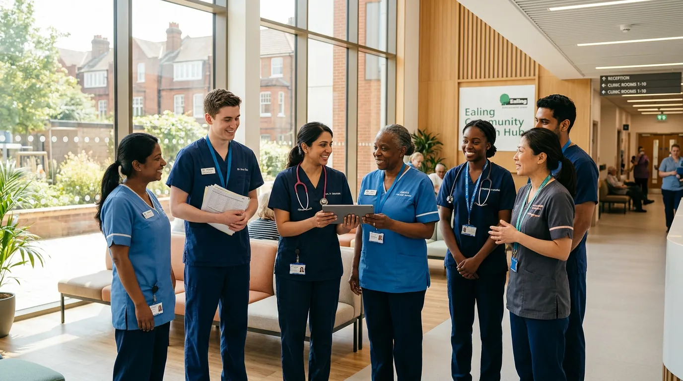Professional hero image showing diverse healthcare team in modern care facility setting in Ealing, with warm, welcoming atmosphere and natural lighting