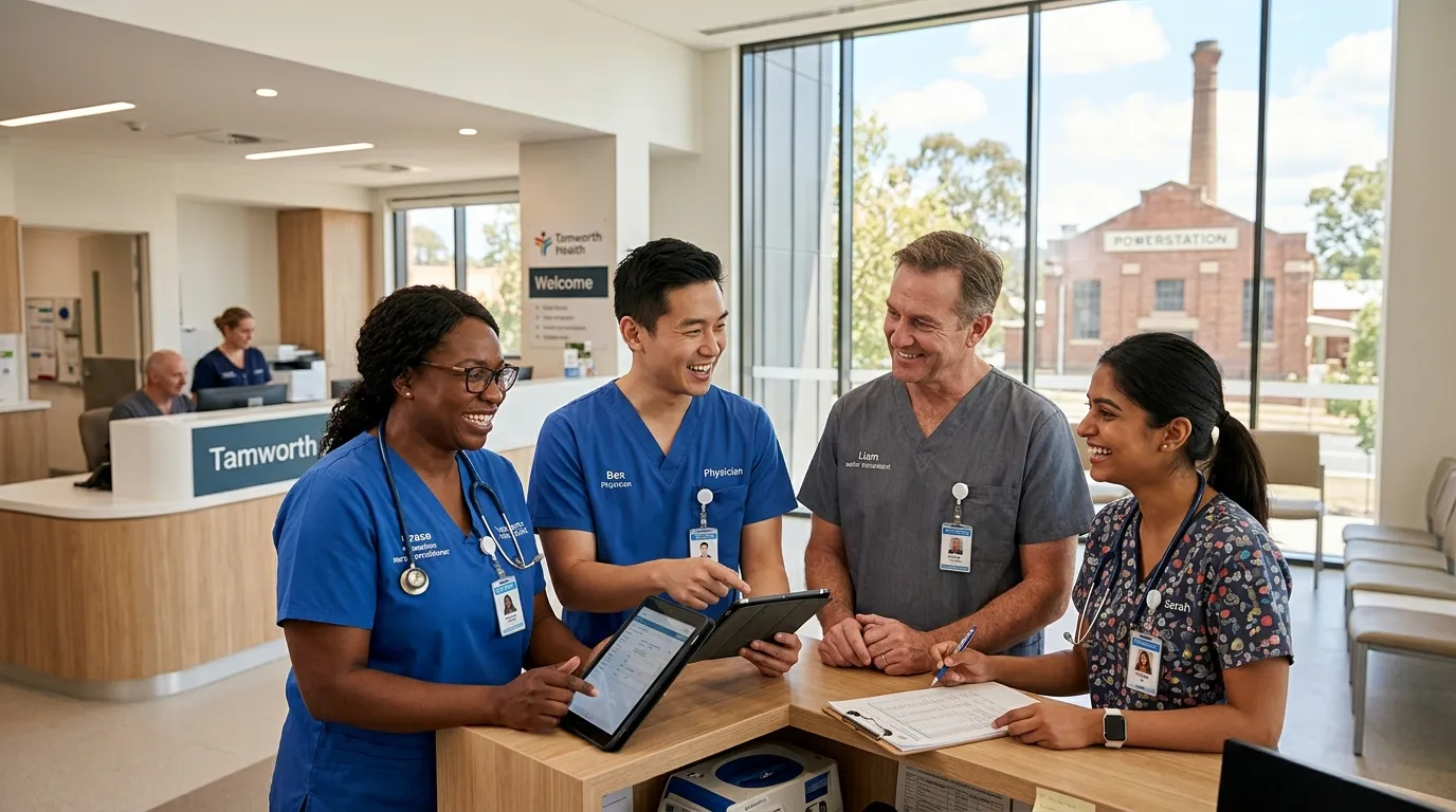 Professional hero image showing diverse healthcare workers in a modern care setting, smiling and collaborating, with a clean Tamworth landmark subtly visible in background. Professional, warm, trustworthy mood.