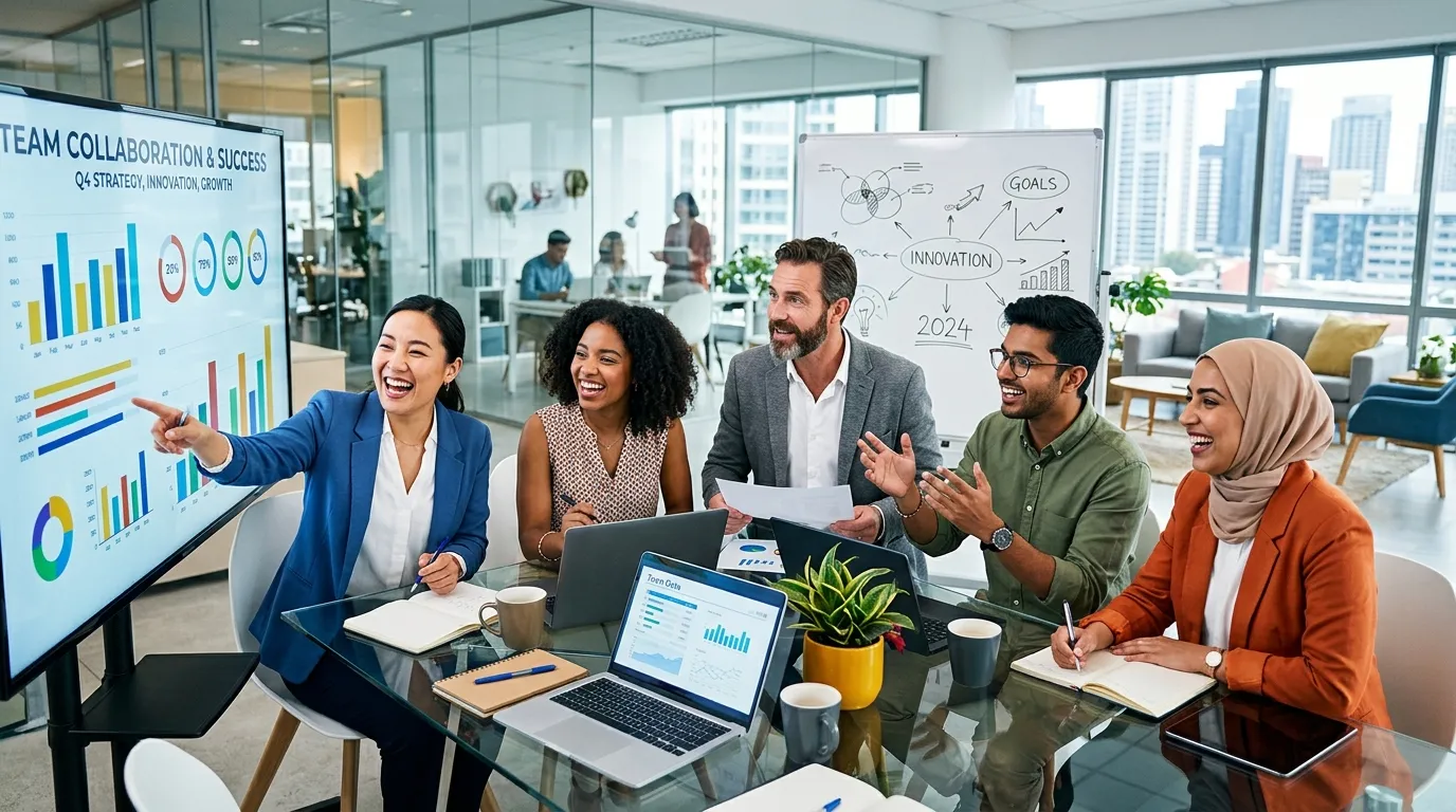 A dynamic, professional hero image showing a diverse team of professionals collaborating in a modern office. Style: High-contrast, vibrant, with a focus on connection and success. Mood: Empowering and forward-thinking.