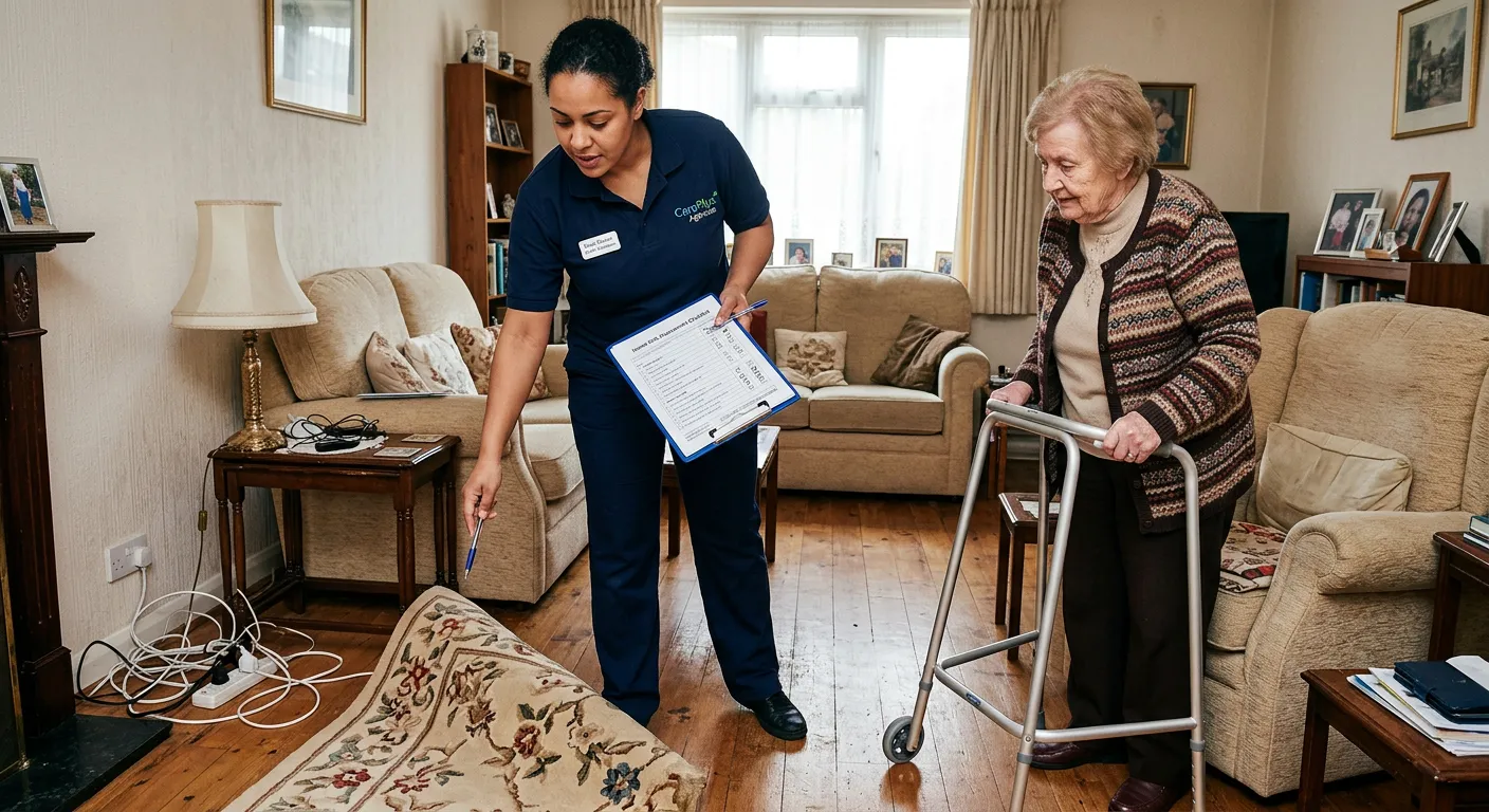 A professional in a carer agency setting, conducting a home risk assessment with a checklist, pointing out potential safety hazards like loose rugs and unsecured cables in a client's living room.