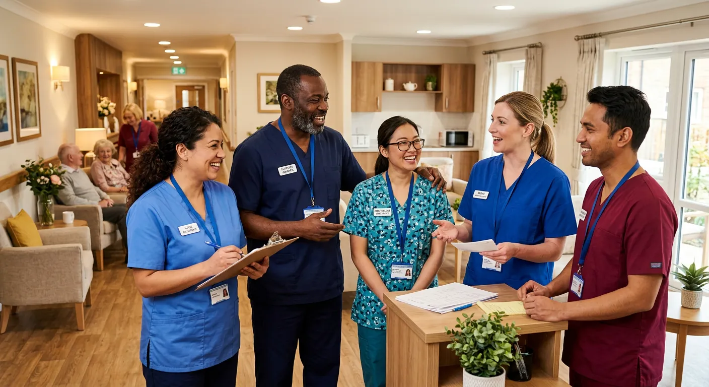 A diverse, professional group of healthcare workers - including care assistants and support workers - in a modern care setting, smiling and collaborating. Warm, professional, and inviting mood.