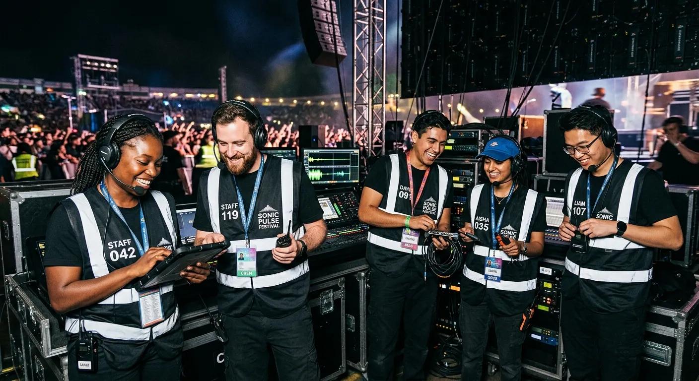 A dynamic, professional photo of a diverse team of event staff working backstage at a concert or fes... A dynamic, professional photo of a diverse team of event staff working backstage at a concert or festival. They are smiling, wearing headsets and high-visibility vests, checking equipment. The mood is energetic, professional, and trustworthy.
