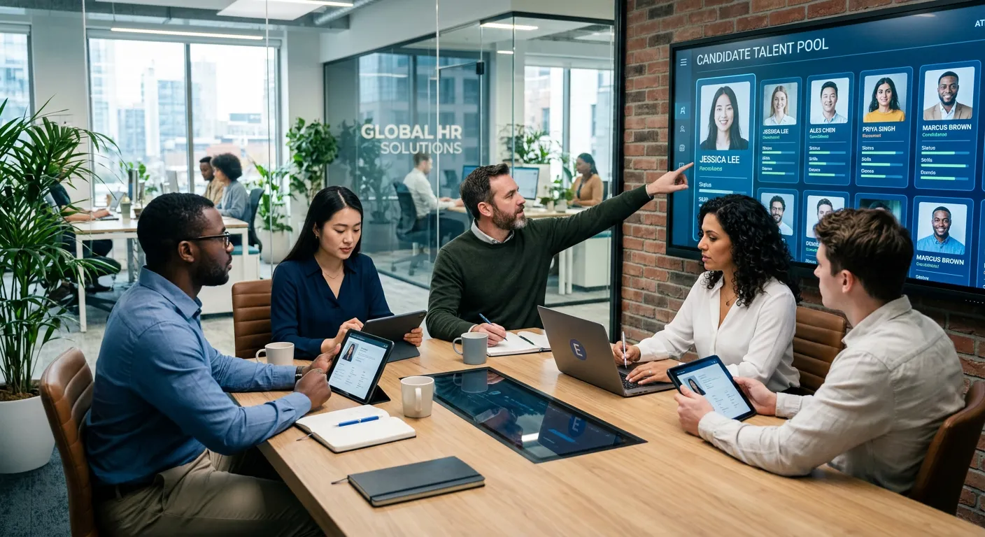 A modern, diverse team of professionals in a bright, collaborative office environment, reviewing can... A modern, diverse team of professionals in a bright, collaborative office environment, reviewing candidate profiles on multiple digital screens. Style: Professional, aspirational, high-resolution. Mood: Forward-thinking, efficient, and tech-enabled.