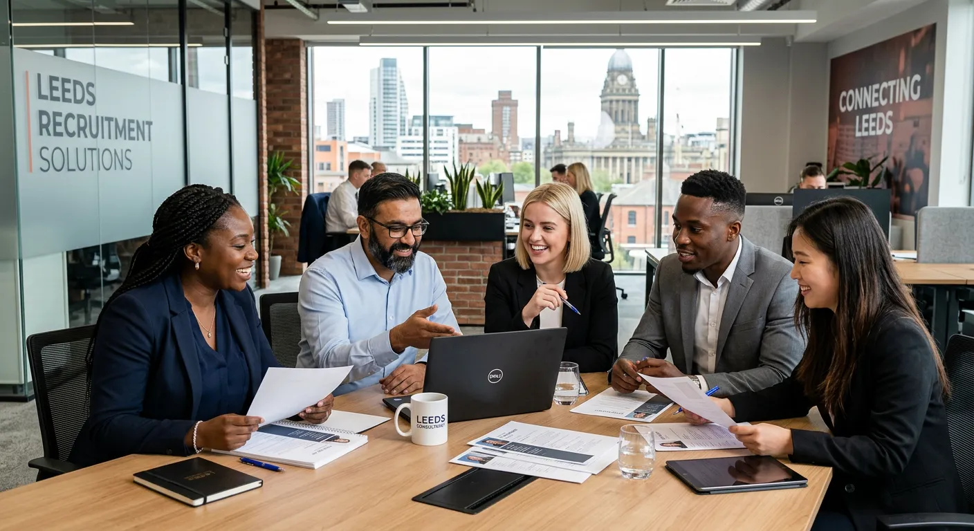 A professional, diverse team of recruitment consultants in a modern Leeds office, collaborating around a table with laptops and candidate profiles, smiling and engaged. The mood is dynamic, competent, and local.