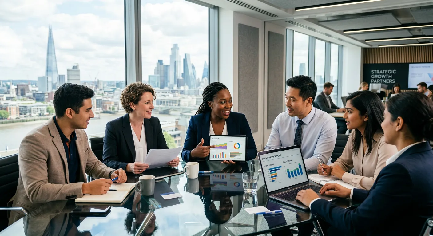 A professional, modern office environment in London with diverse HR professionals and recruitment co... A professional, modern office environment in London with diverse HR professionals and recruitment consultants collaborating around a glass table, looking at data on a tablet and laptop. Style should be bright, confident, and focused on strategic partnership.