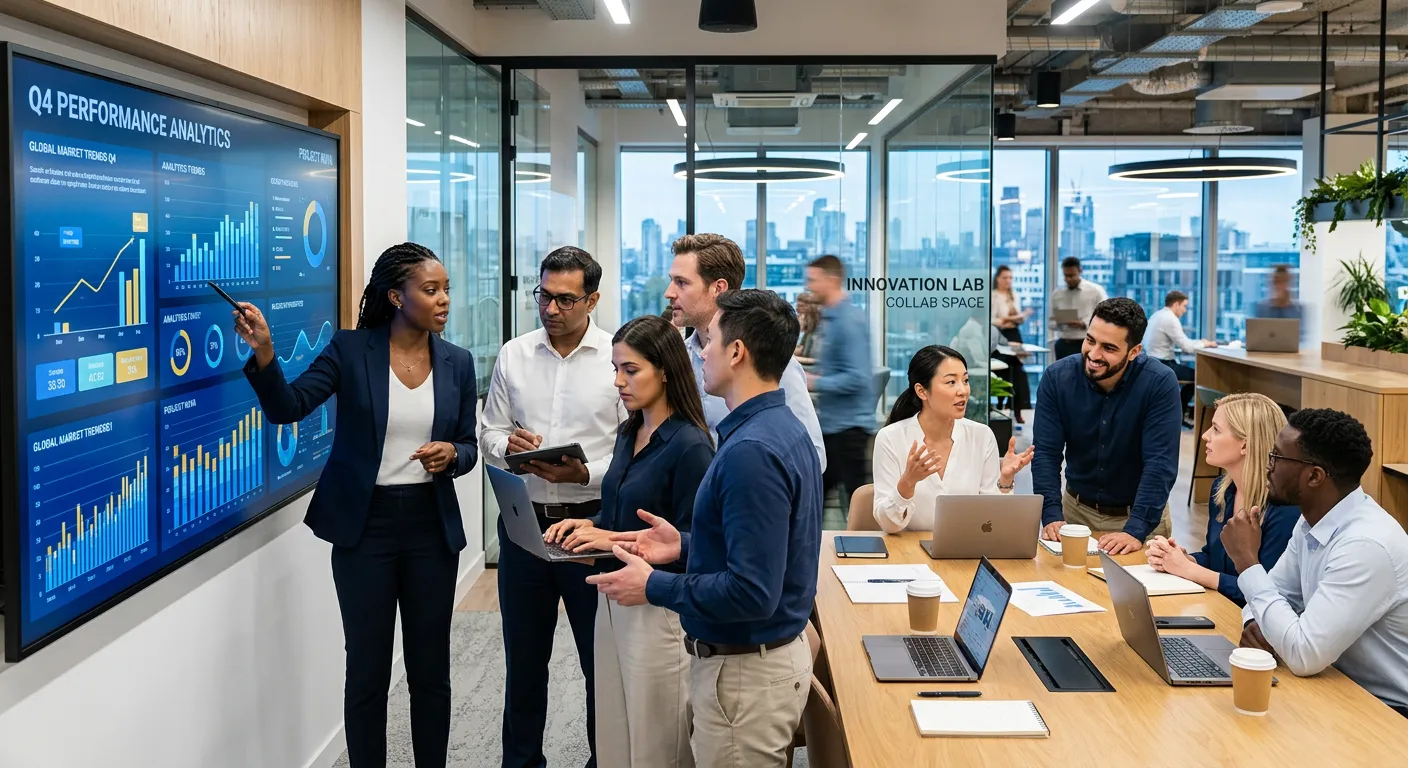 A dynamic, high-resolution image of a diverse team of professionals collaborating in a modern, glass-walled office. One group is gathered around a large digital screen analyzing data, while others are in focused discussion. The style is bright, professional, and forward-looking, with a color palette of blues and whites.