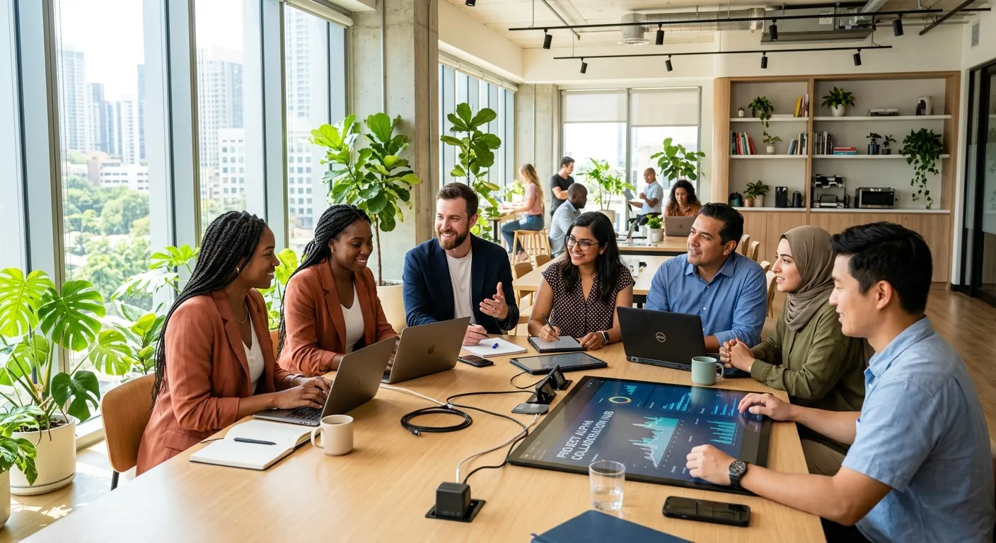 A diverse group of modern professionals collaborating in a bright, sunlit office with plants and tec... A diverse group of modern professionals collaborating in a bright, sunlit office with plants and technology. Style is professional, crisp, and forward-looking, conveying innovation and human connection.