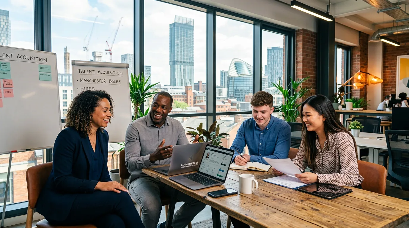 Professional hero image showing diverse recruitment consultants working collaboratively in a modern Manchester office, with Manchester skyline visible through windows, business casual attire, natural lighting, professional and approachable mood