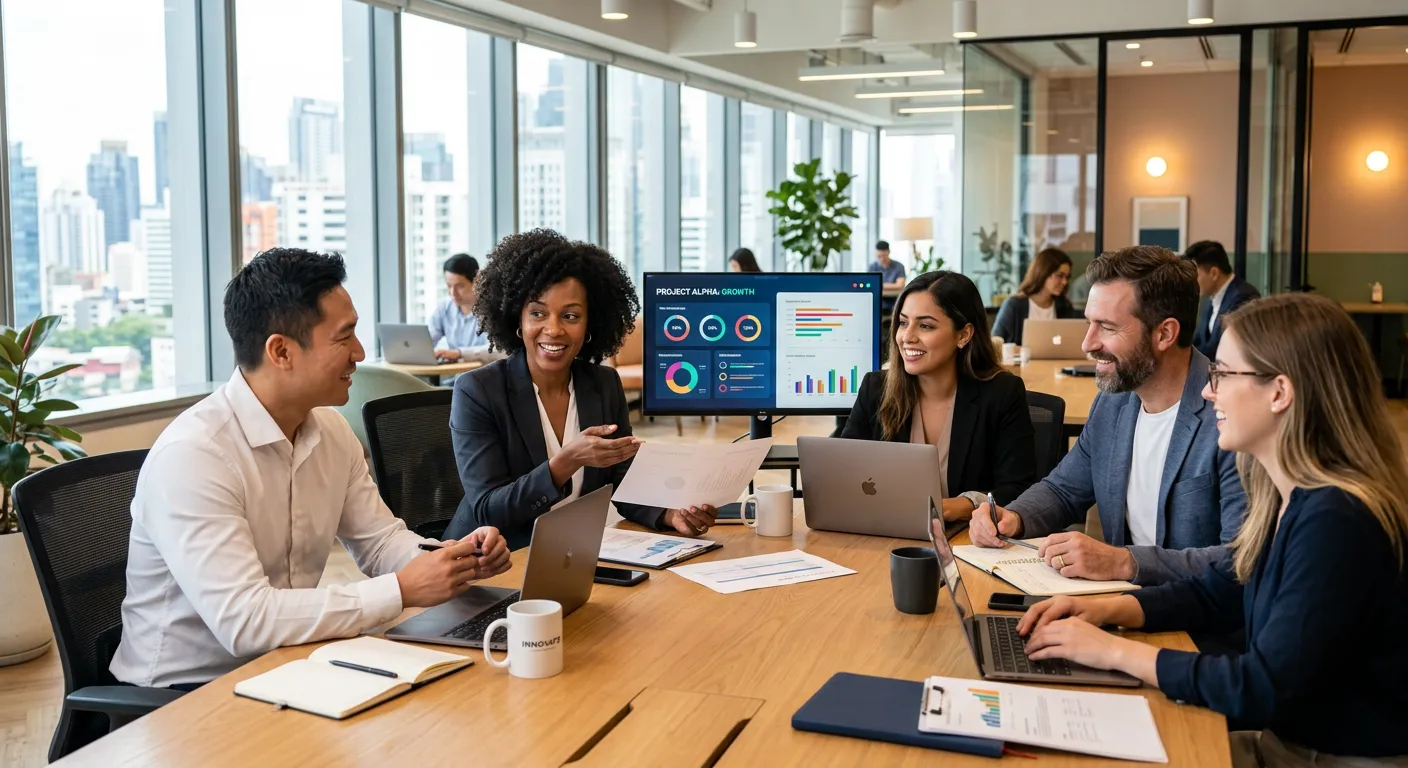 Modern, diverse team of professionals in a bright office collaborating, looking confident and engage... Modern, diverse team of professionals in a bright office collaborating, looking confident and engaged. Professional corporate style, high resolution.