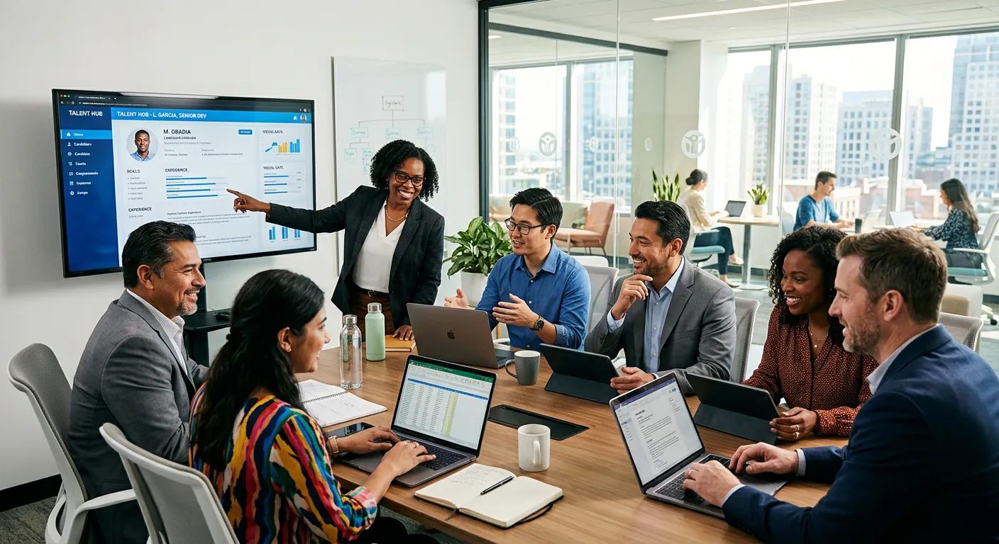 A diverse group of professional HR managers and recruiters collaborating in a modern, sunlit office, reviewing candidate profiles on multiple digital screens. Style: professional, vibrant, and focused. Mood: collaborative, efficient, and strategic.