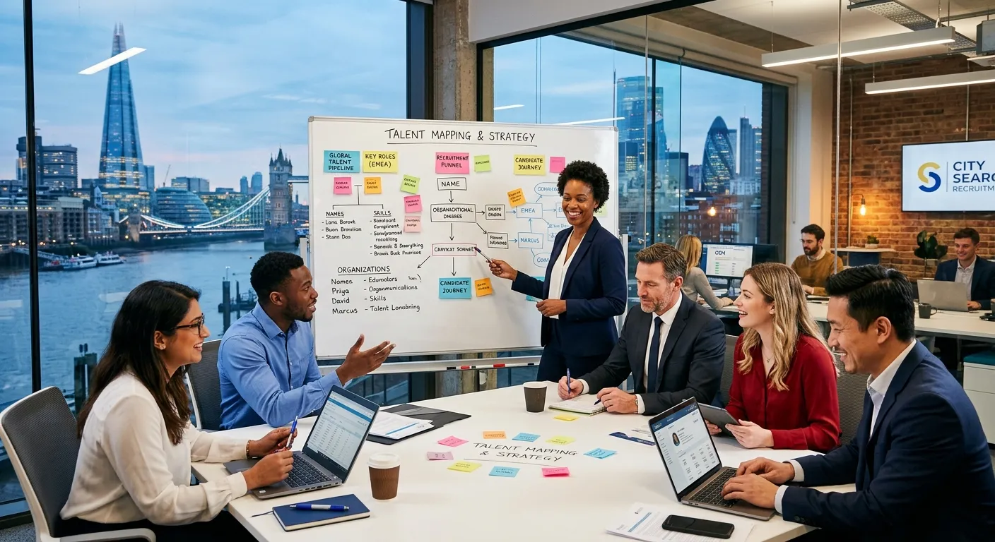 A professional, dynamic image showing a diverse group of recruitment consultants and HR professionals collaborating in a modern London office setting, with laptops, whiteboards with talent mapping, and the London skyline visible through the window. The mood is energetic, professional, and solution-focused.