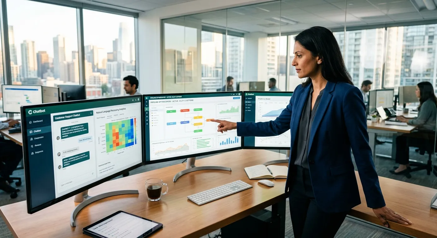 A modern, professional workspace with a manager overseeing multiple screens displaying chatbot interfaces and workflow automation dashboards. The style is bright, sharp, and focused on technology, with a mood of efficiency and intelligent control.