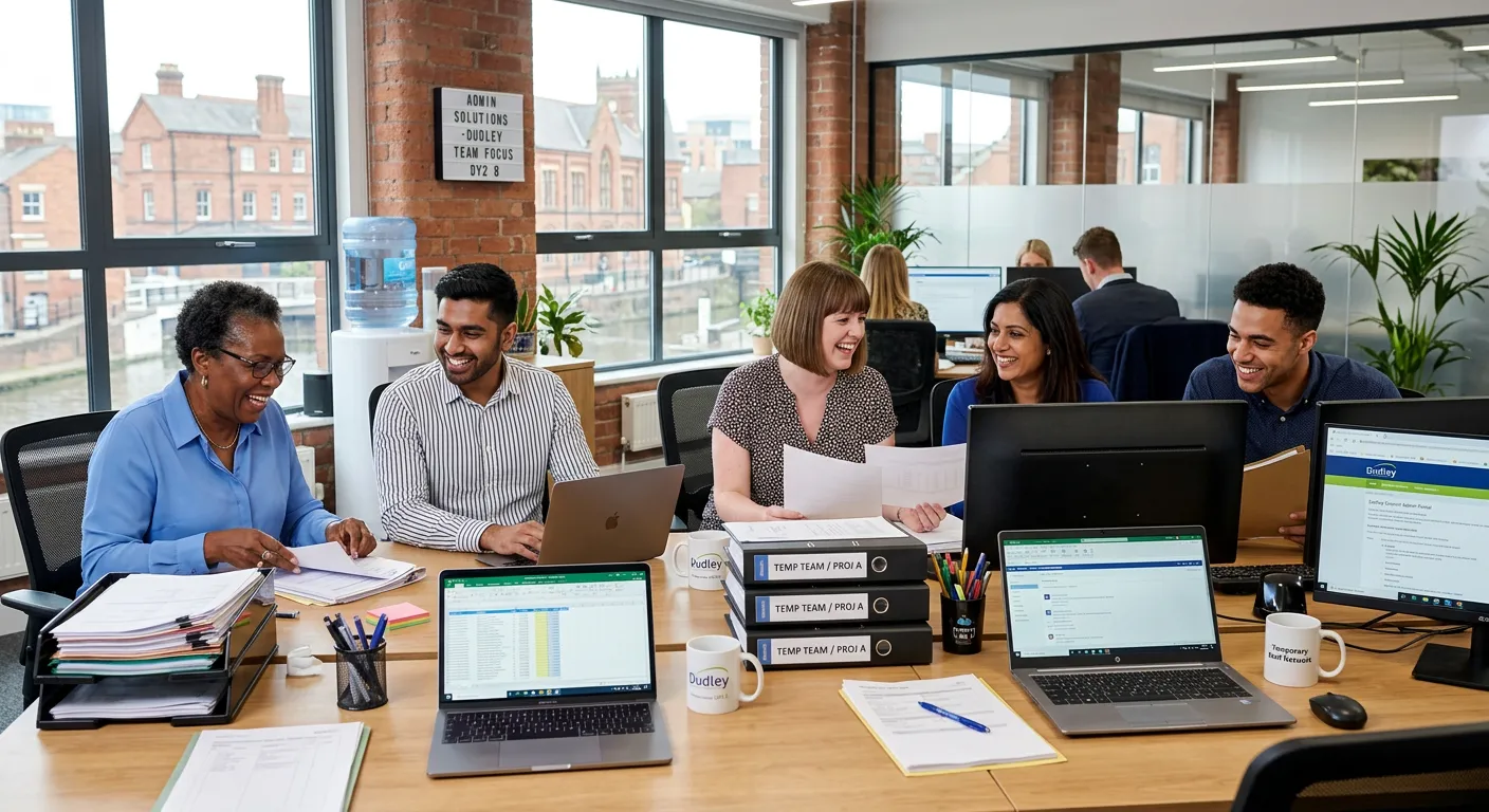 A professional, diverse group of temporary admin staff working collaboratively in a modern, bright office in Dudley (DY2). They are smiling, using computers and organising paperwork, conveying efficiency and a positive team atmosphere.