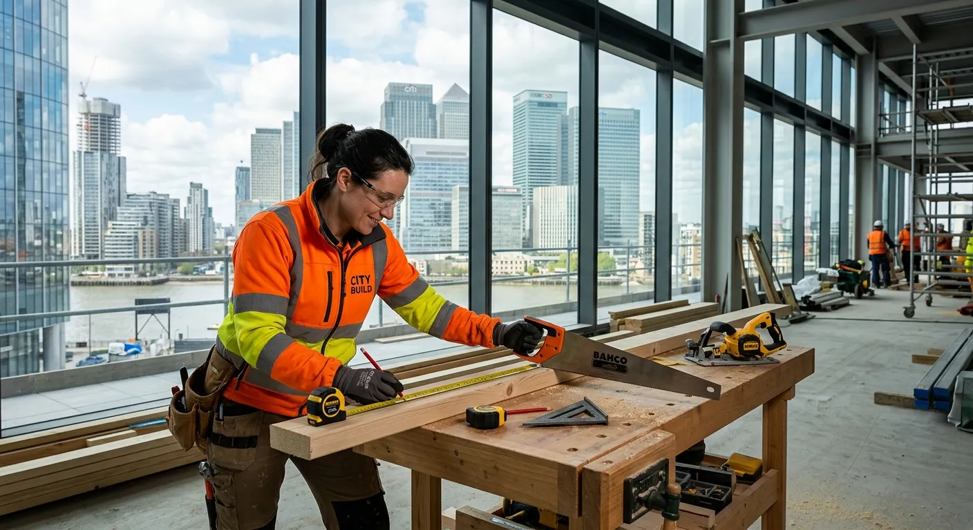 A professional carpenter in high-visibility clothing, precisely measuring and cutting timber on a clean, modern construction site in Canary Wharf, London, with skyscrapers visible through the window.