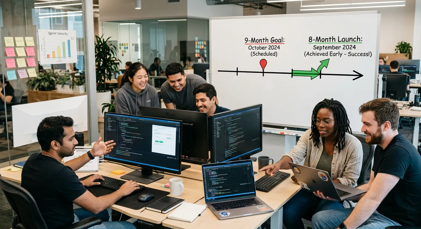 A diverse team of software developers collaborating in a modern office, with code visible on monitors and a timeline graphic showing