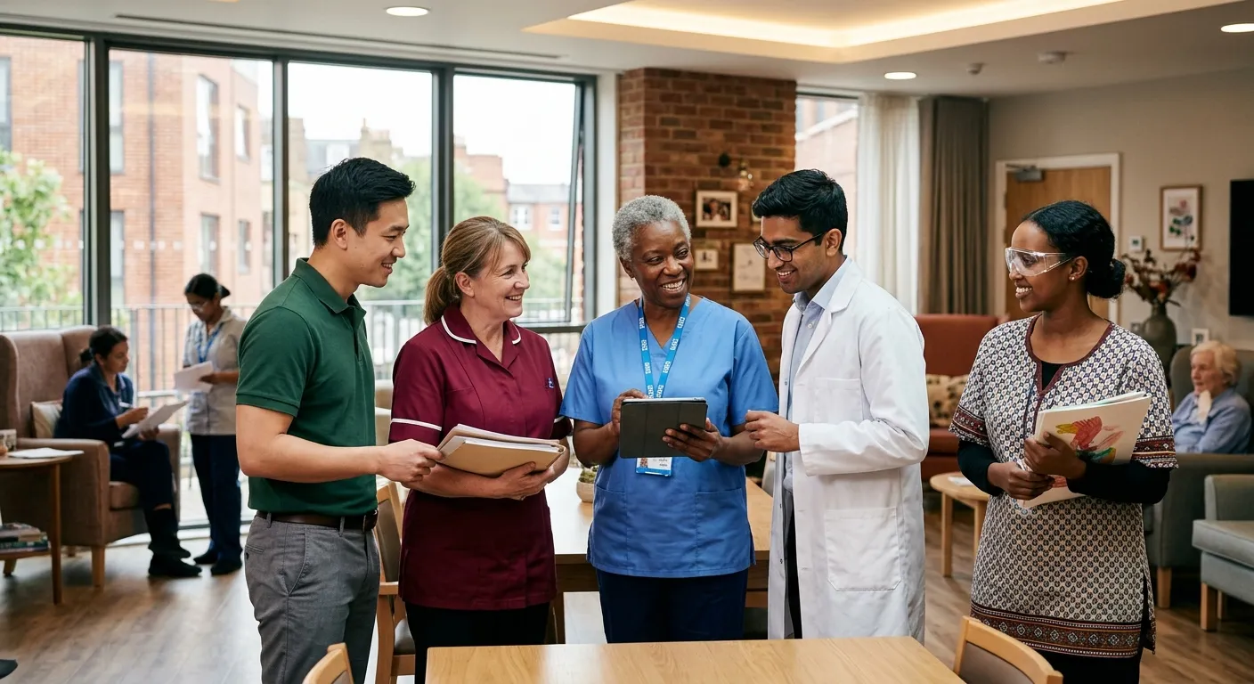 A professional, high-resolution image of a diverse team of healthcare workers in a modern London care facility, smiling and collaborating. Style should be warm, authentic, and convey trust and competence. Include a mix of ages and backgrounds.